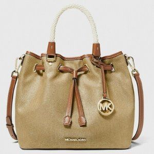 Brand New Michael Kors Blakely Large Metallic Canvas Bucket Satchel Bag in Gold